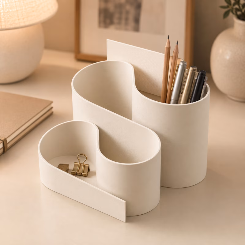 3d printed ivory plastic multi compartment desk organizer with wavy pen holder pencil cup modern wavy storage box suitable for home office bookshelf gift for students writers office aesthetic statione