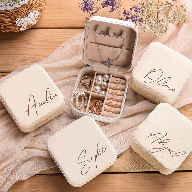 personalized large name in right corner jewelry box custom name beige jewelry boxes bridesmaid jewelry box travel jewelry case gift for her couple gift custom name jewelry box bridesmaid proposal gift