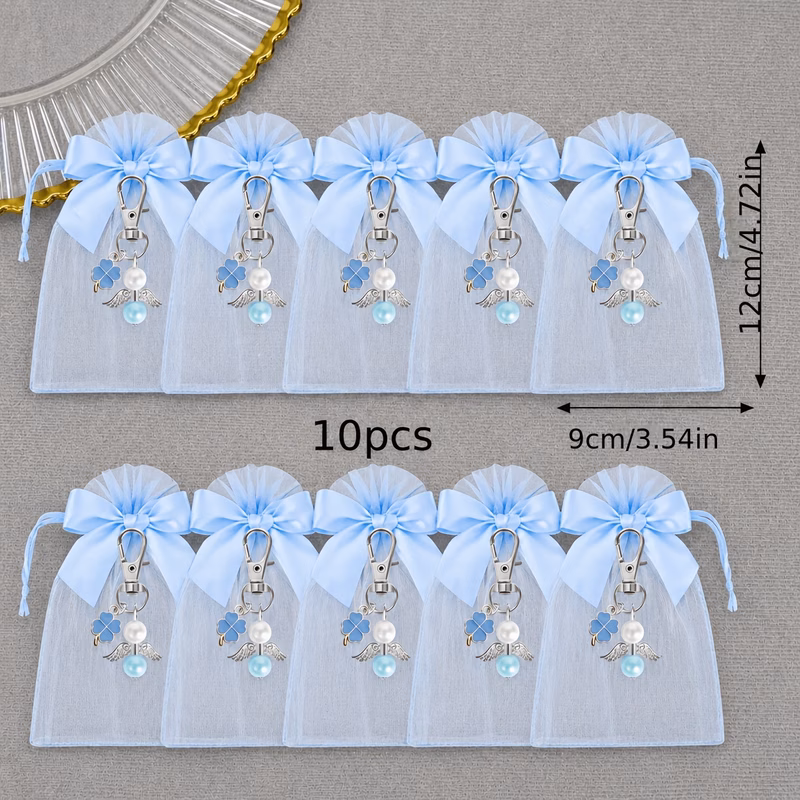 gift for her him 10pcs clover angel keychains with bow organza gift bags elegant party favor set for wedding birthday baby shower