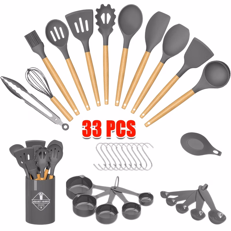 33pcs set of multi color silicone wooden handle kitchenware set non stick pot spatula and spoon cooking utensils heat resistant