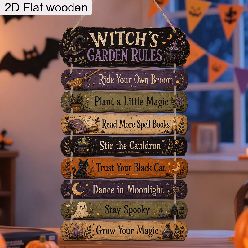 2d flat 9pcs set vintage rustic wooden hanging plaques witch garden rules sign with witches cauldrons spell decor artificial wood suitable for outdoor housewarming gift for porch yard garden halloween
