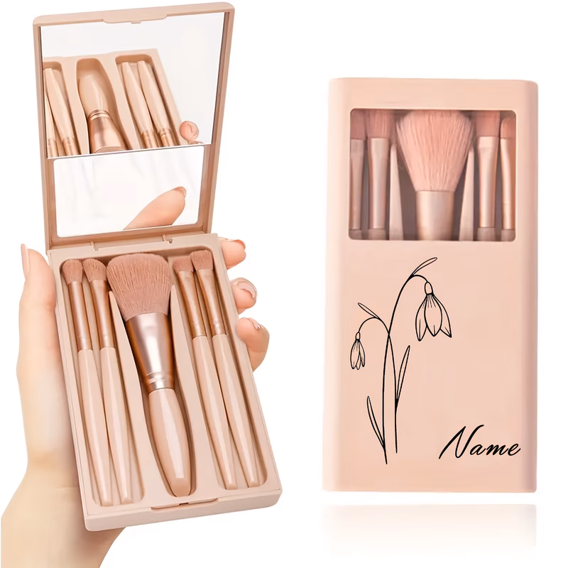 5pcs personalized makeup brush set with name initials custom kit w mirror organizer foundation powder eyeshadow smudge detail brushes personalized gift ready professional or for all