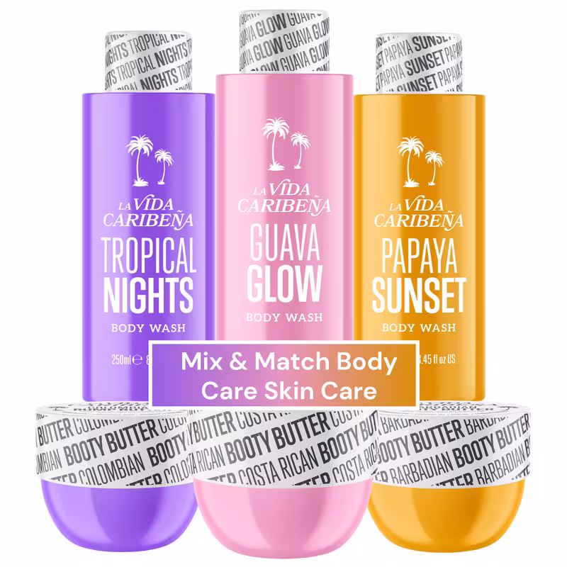 pack of 2 caribena body bundle gift set featuring 200ml body butter and 250ml body wash tropical caribbean fragrances glow papaya sunset moisturizing body care gift hamper for women fruit scent collec