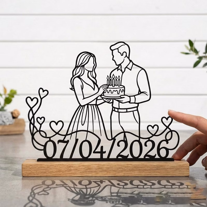 collectible figurines personalized custom metal couple birthday sign decor romantic heart plaque with wooden base elegant modern desktop ornament for home bedroom living room anniversary wedding valen