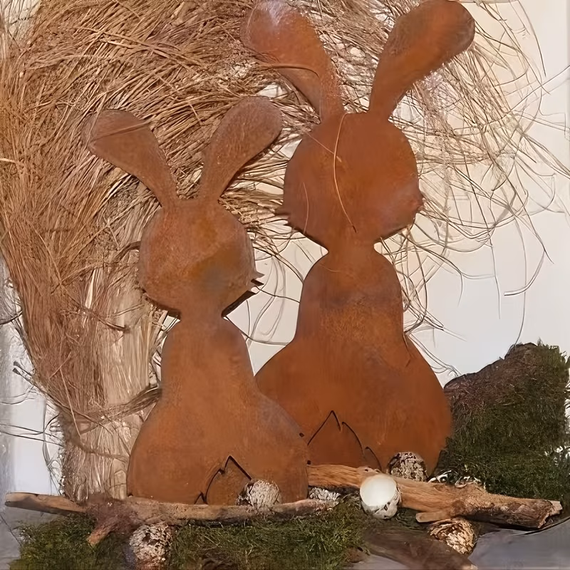 2d flat 2pcs set of whimsical rust metal rabbit garden stakes easter themed rustic outdoor decor adorable rabbit sculpture plant markers yard ornament garden decoration rabbit shaped planter plant tre