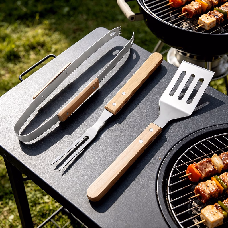 vfvhome 3pcs stainless steel bbq grill tools set portable camping bbq fork spatula tongs heavy duty grilling tool set bbq utensils fork spatula tongs combo set multifunctional stainless steel grill to