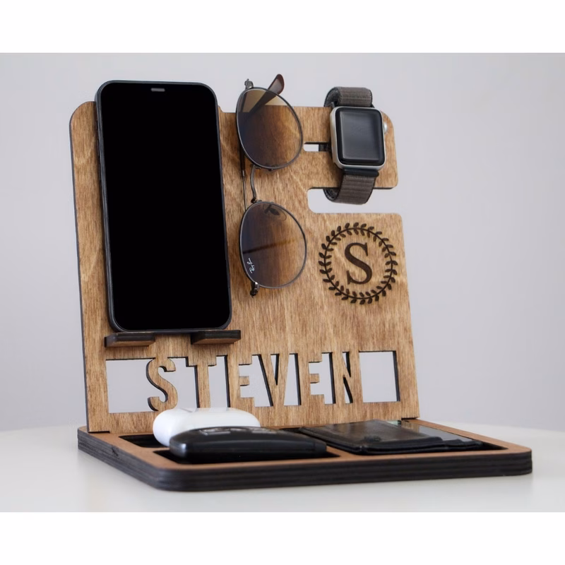 1pc customizable monogram wooden desk organizer multi functional phone stand personalized engraved wood storage holder for home office fathers day gift birthday gift for home decoration