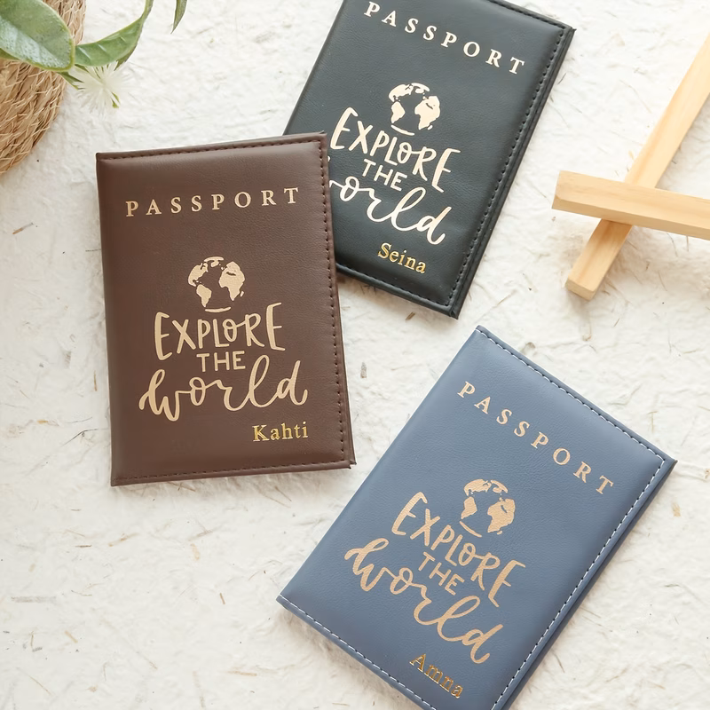 1pc of a custom hot passport cover featuring a stylish travel quote personalized with a golden monogram this accessory serves as a unique document holder and a thoughtful gift for