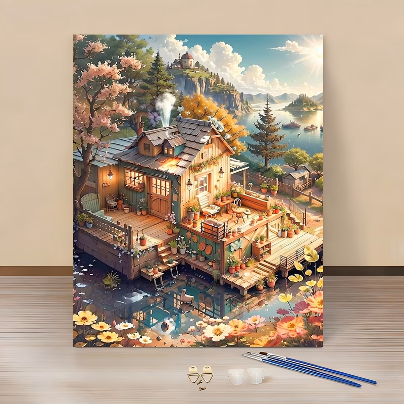 professional art application 2d 1pc digital painting kit 40 50cm 15 75 19 68inch diy lakeside cottage and easy acrylic paint by numbers kit for home wall decor art craft ideal gift for birthdays fathe