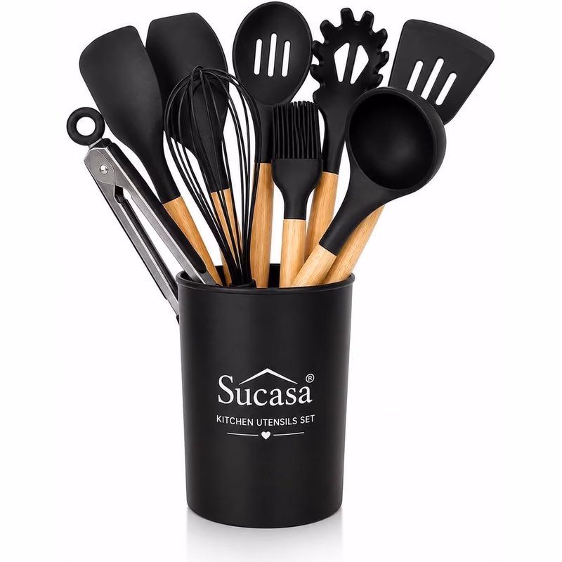 12 piece silicone kitchen utensil set with holder heat resistant non stick cooking utensils wooden handle kitchen tools set including spoon spatula whisk tongs brush black