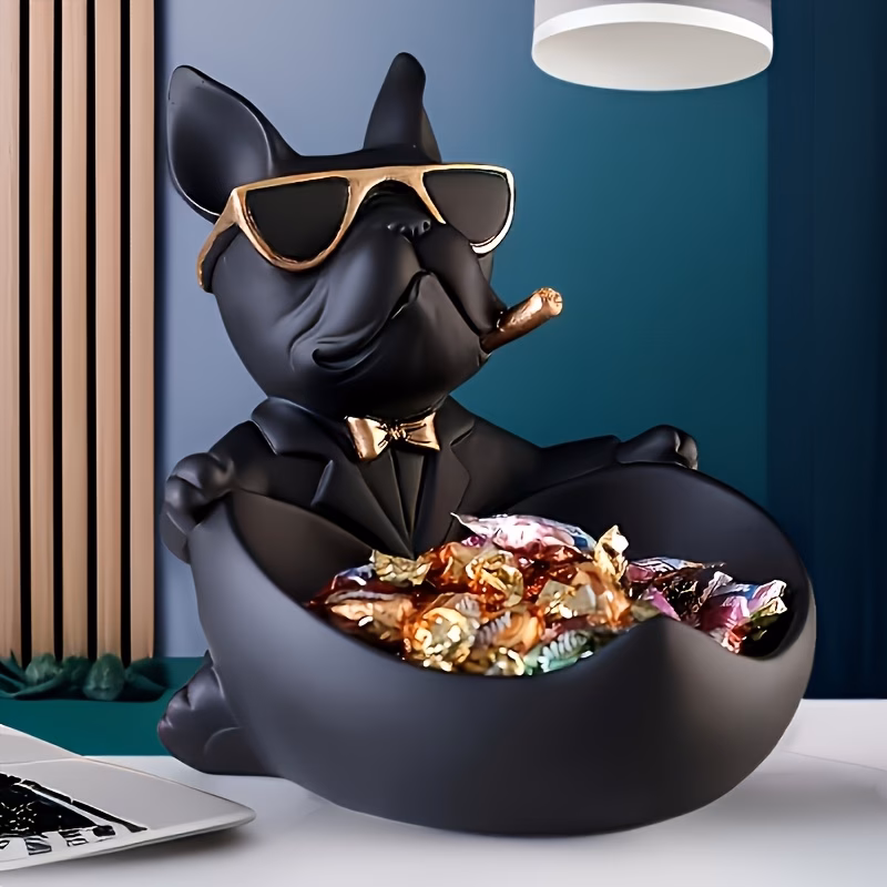 a 1pc large storage decorative statue of a french bulldog in black featuring glasses and a key tray an animal themed candy organizer suitable for home office desktop decoration christmas thanksgiving