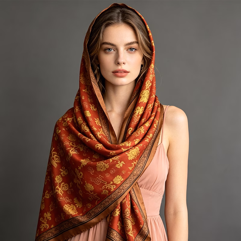 100 shawl featuring traditional patterns in red and golden suitable for summer wear and beach wedding and formal occasions
