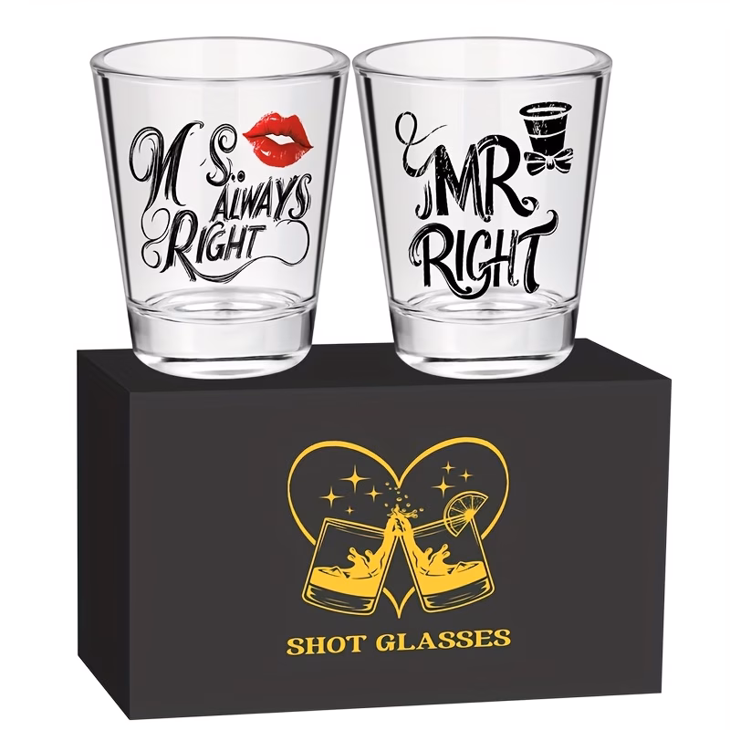 1 pair of creative couple shot glasses 60ml 2oz capacity clear glass shots with ms right red lips black bow tie pattern suitable for kitchen restaurant bar party wedding anniversary gift