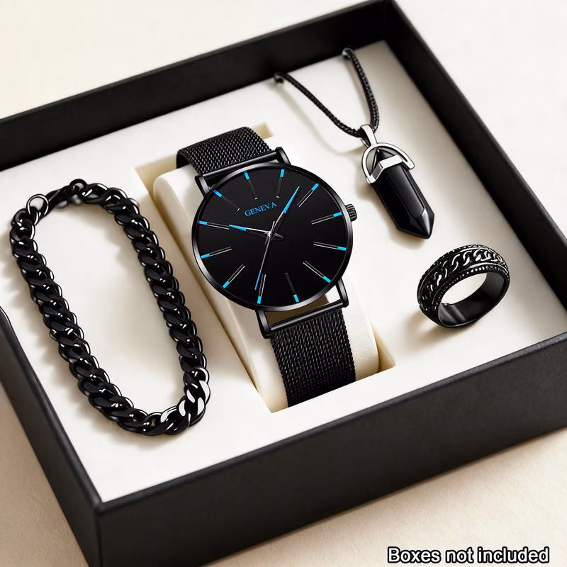 4pcs mens fashion minimalist plastic strap quartz watch set with versatile necklace and bracelet accessories ideal for daily wear parties valentines day easter christmas new years day halloween and as