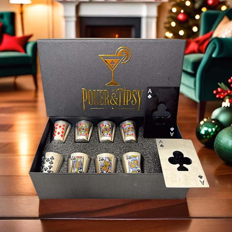 of whiskey glass set including 8 whiskey glasses with poker patterns and 2 bottle openers suitable for outdoor home bar or office use this glass set is an ideal gift for