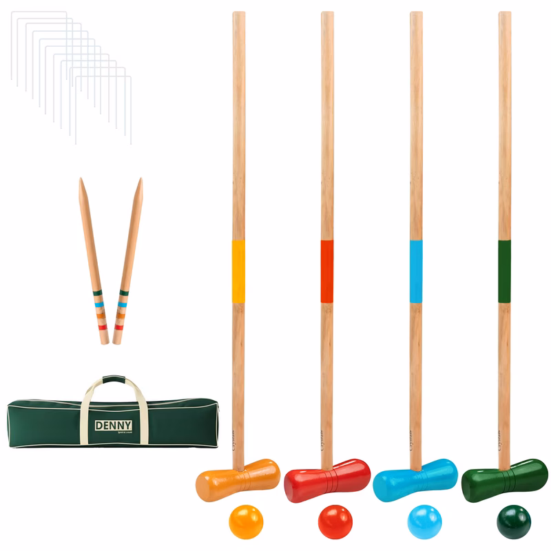 set for 4 player with 4 wooden 4 colored ball 2 stakes backyard garden for