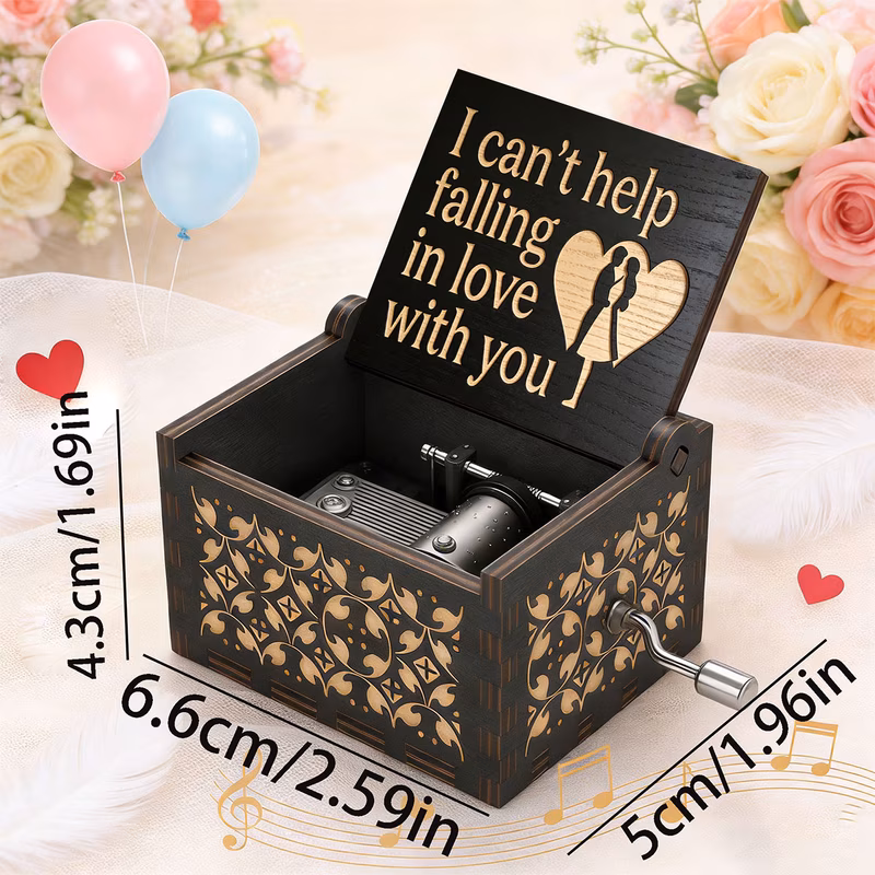 a carved wooden box featuring a romantic couple design engraved with i cant help this hand cranked vintage piece not serves as a home decor to enhance the warm atmosphere of but al