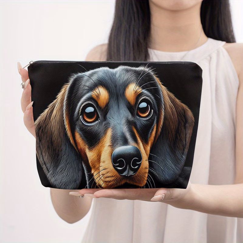 1pc cute dachshund dog makeup bag with realistic dachshund dachshund ears large capacity washable linen cosmetic organizer zippered travel toiletry school supplies pouch for women pet lovers cosmetic