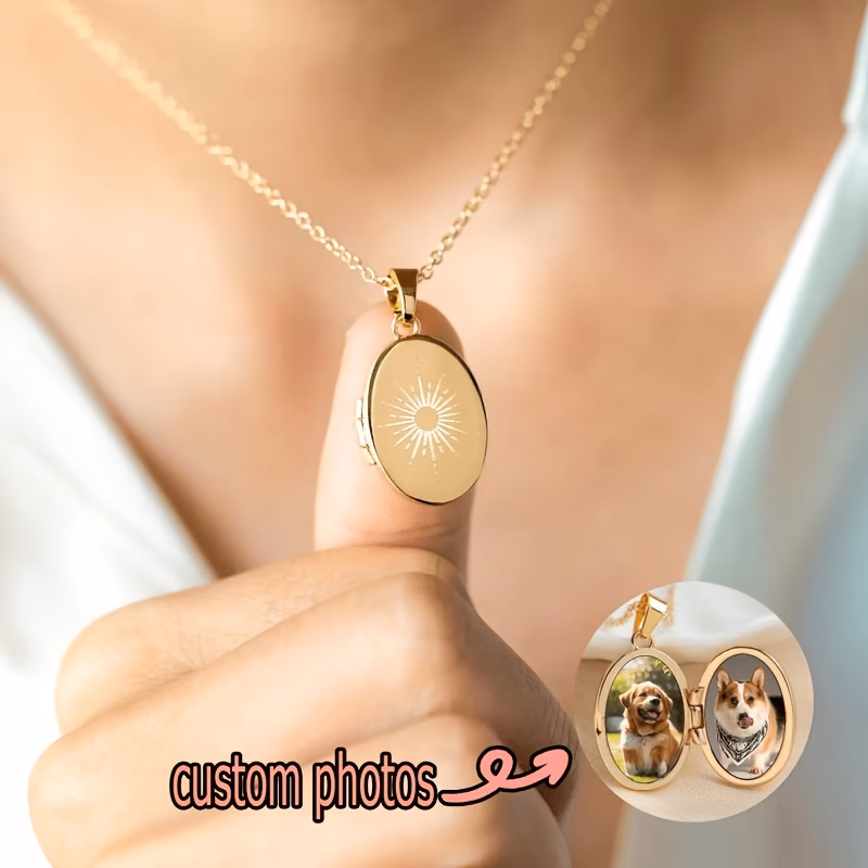 custom oval necklace with sun engraving personalized photo locket vintage style jewelry memorial keepsake holiday present gift idea for women