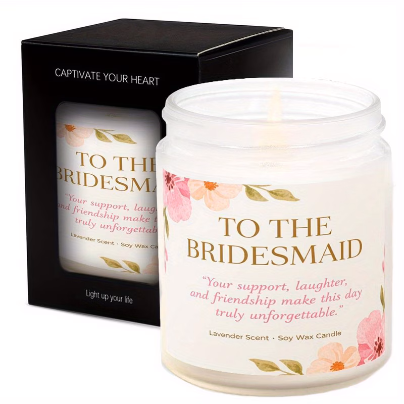 a beautifully designed lavender scented candle as a thank you gift for bridesmaids featuring themes and friendship ideal for weddings bridal showers and holiday decorations it serves as a keepsake for