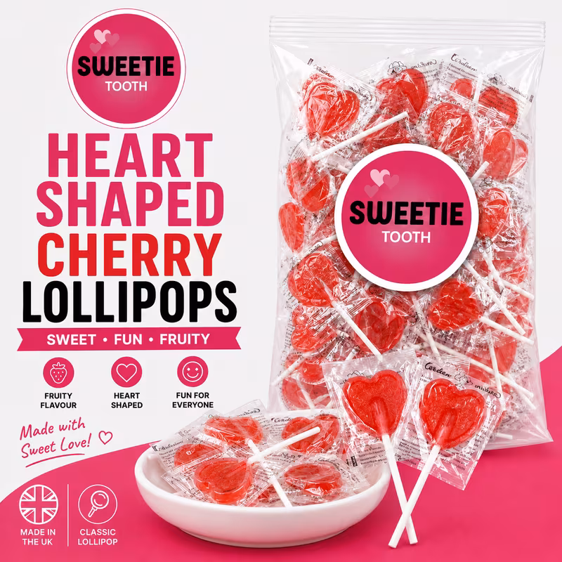 heart shaped cherry lollipops classic british lollipops individually wrapped friendly in 20 50 100 200 pack wedding favours party bag fillers valentines day birthday treats tooth