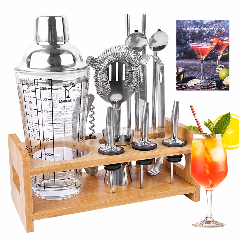 13pcs cocktail making set cocktail shaker set barware glass cocktail shaker with recipes on tool set bartender kit with display stand for home bar