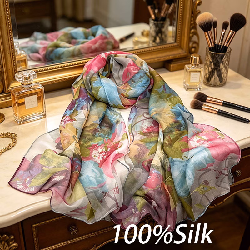 1pc 100 silk shawl sky blue and smoke pink and bean green and soft purple and cream painting style 160x50 cm european style suitable for comfortable and ideal for vacations parties