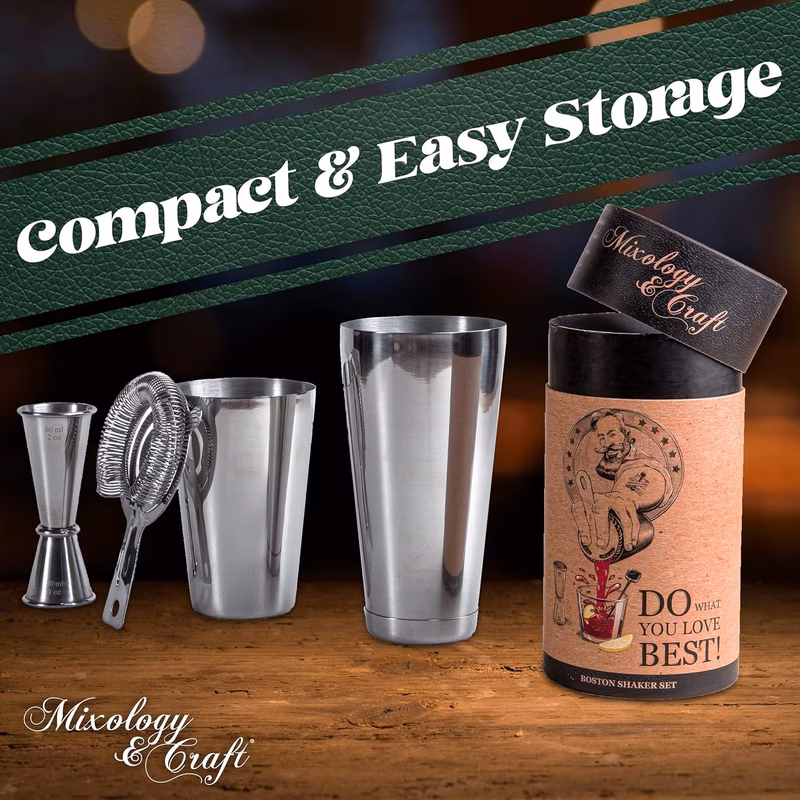 a high quality cocktail mixing set featuring a japanese measuring jigger a weighted boston shaker and a strainer complete with a portable bar kit and unique recipe cards for home bartending