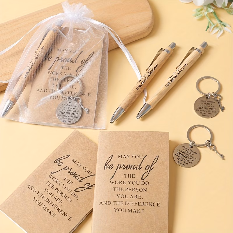 12pcs set thank you gift set team gifts employee appreciation gifts bamboo pens notebooks inspirational keychains bags educational gift for students office gifts event party prize gifts