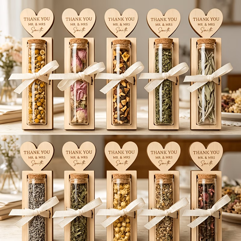 gift for her him personalized herbal tea favors with wooden holder glass tubes with engraved wood tag party decor party favors for guests wedding gifts party decorations