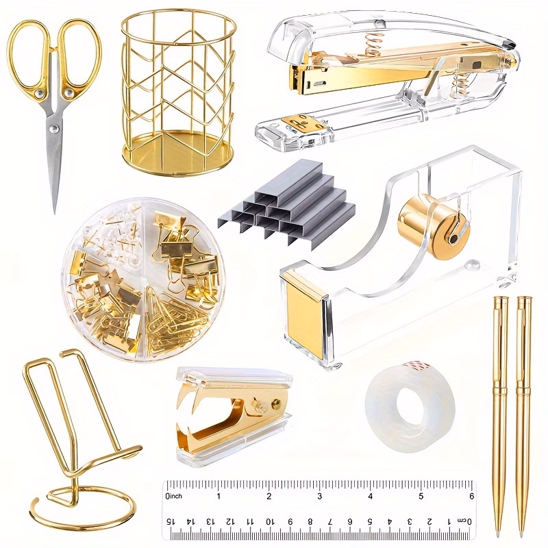 luxury golden acrylic and metal office supplies set scissors stapler paper clips pens and more elegant desk accessories for home or office stationery collection modern desk accessories stylish geometr