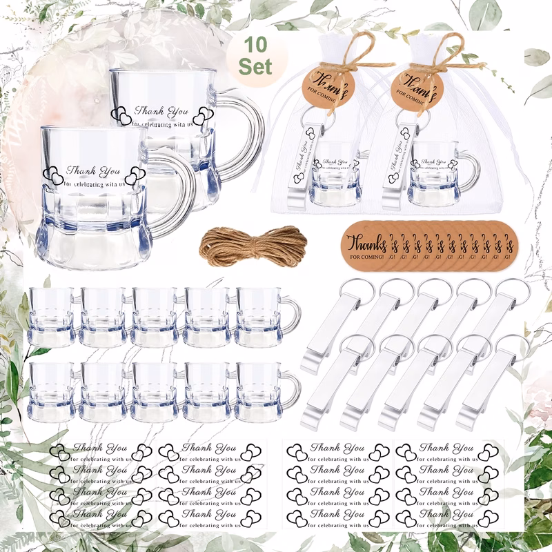 gift for her him wedding favors for guests a set of 10 shot glasses and keychain bottle openers complete with thank you tags and organza bags
