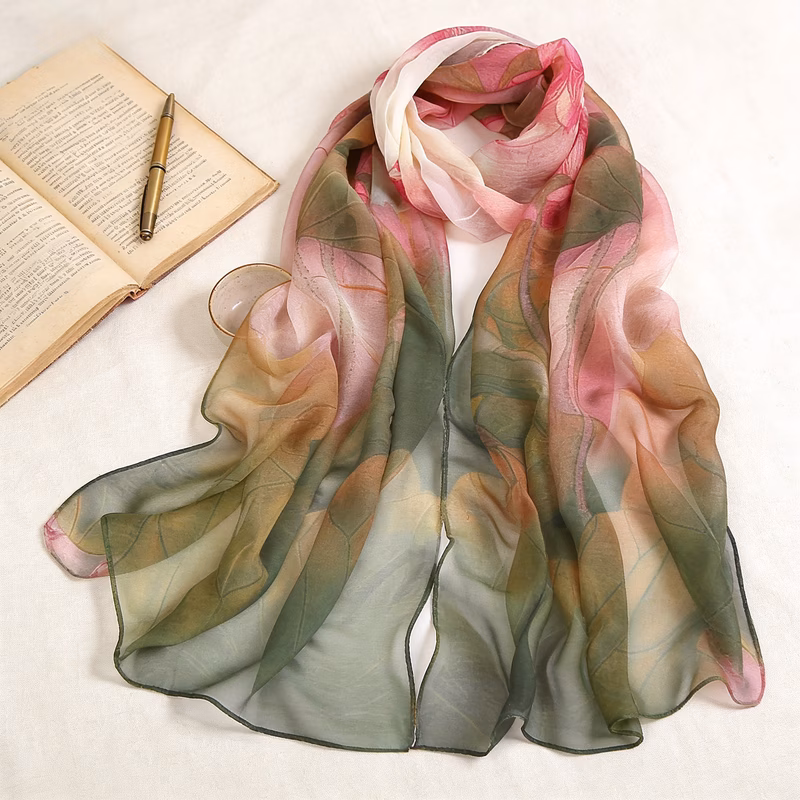1pc womens 100 scarf pink green gradient lotus watercolor print lightweight breathable shawl silky elegant versatile fashion accessory for hiking gym travel boarding