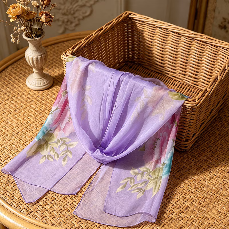 1pc luxury silk shawl suitable for elegant purple ink peony print in japanese korean and european style lightweight shawl scarf suitable for vacations parties weddings birthdays hand washable