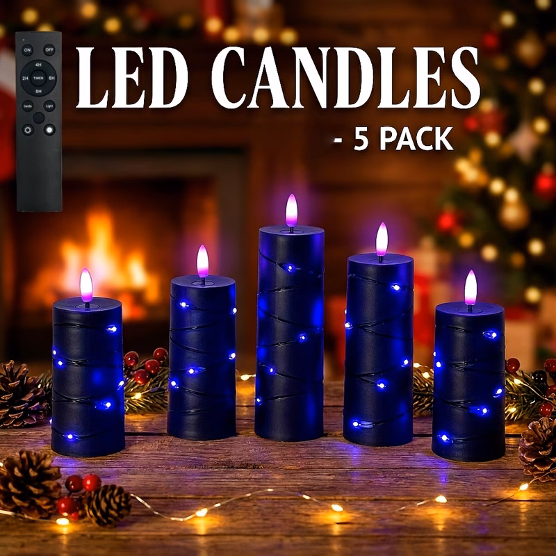 5 pack purple light string series flameless candles with timer function battery not included battery powered pillar candles with string lights dark gothic style realistic candle lights halloween parti