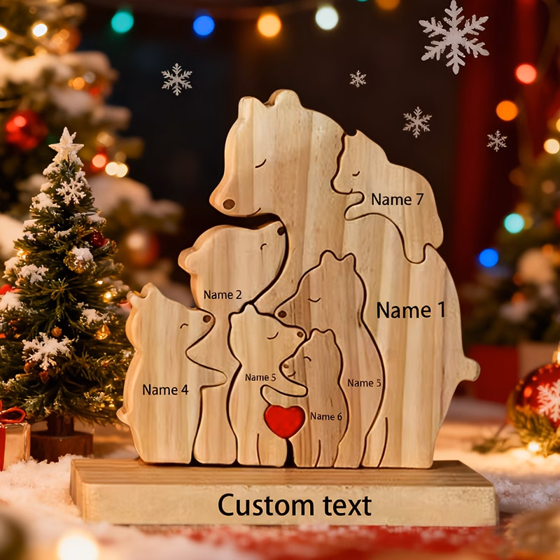 custom wooden bear figurine with a base engraved with family names a puzzle toy for children perfect as a birthday christmas thanksgiving fathers day or mothers day gift for family