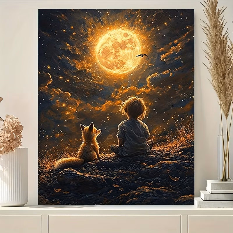 professional art use 1pc diy paint by numbers kit art gift painting by numbers acrylic paints canvas 3 paintbrushes and manual acrylic painting child and fox gazing at night sky atmosphere