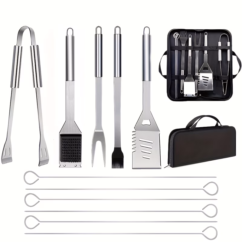 12pcs stainless steel bbq grilling tool set including flatware serving utensils portable and practical grilling tools with a storage bag ideal for outdoor grilling camping and backyard use making it a