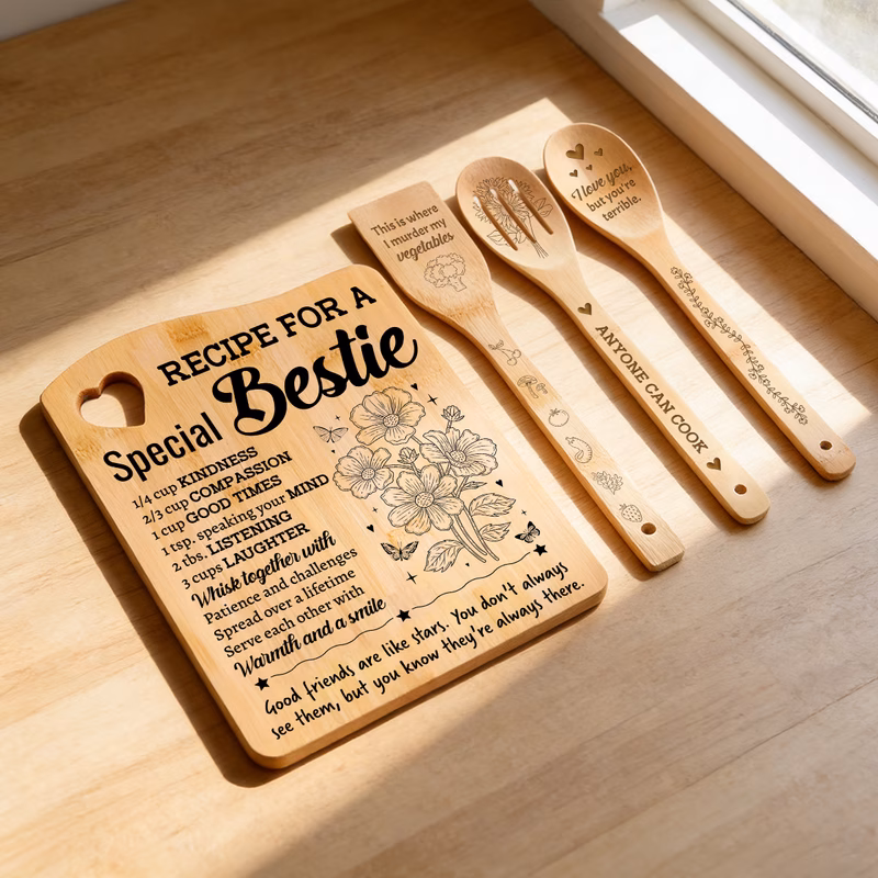 bestie gift engraved bamboo cutting board spatula set recipe for bestie humorous kitchen present for birthday or christmas