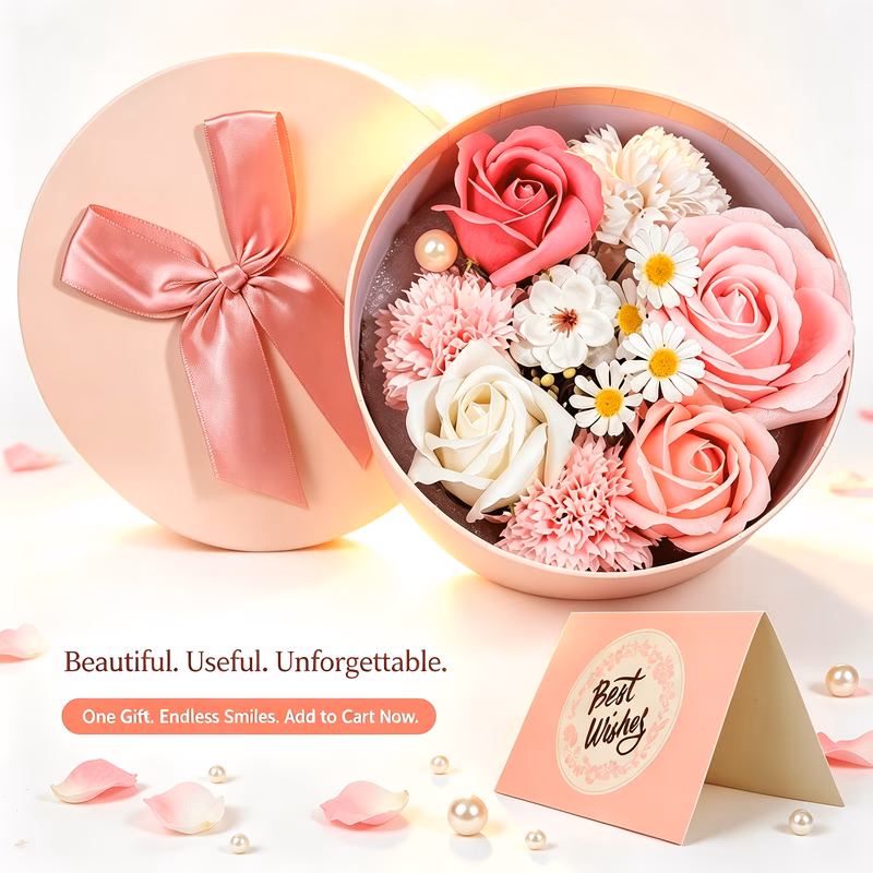 pink round soap flower gift set with best greeting card artificial bouquet and scented bath soaps romantic wedding favors birthday anniversary valentines day and mothers day surprise present idea