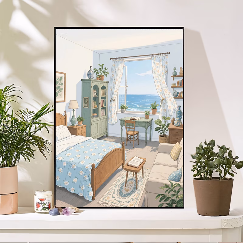 Frameless Diamond Painting Kit 2D Flat Cozy Seaside Bedroom Square Drill Scenic Mosaic Art Home Decoration Living Room Craft Relaxation Gift Idea