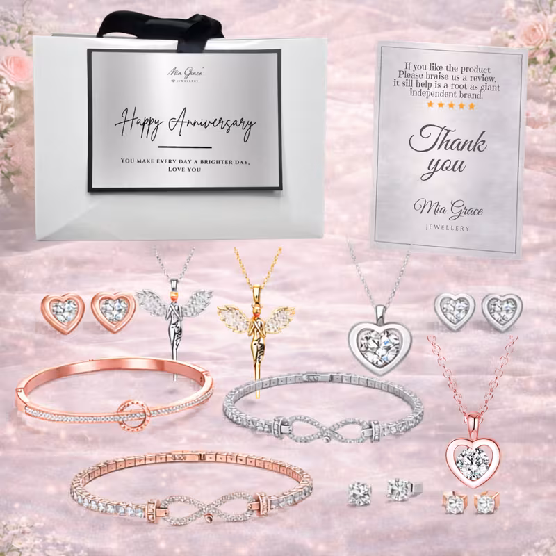 12 pcs set infinity bracelet angel necklace heart earrings silvery rose gift bag gift card options