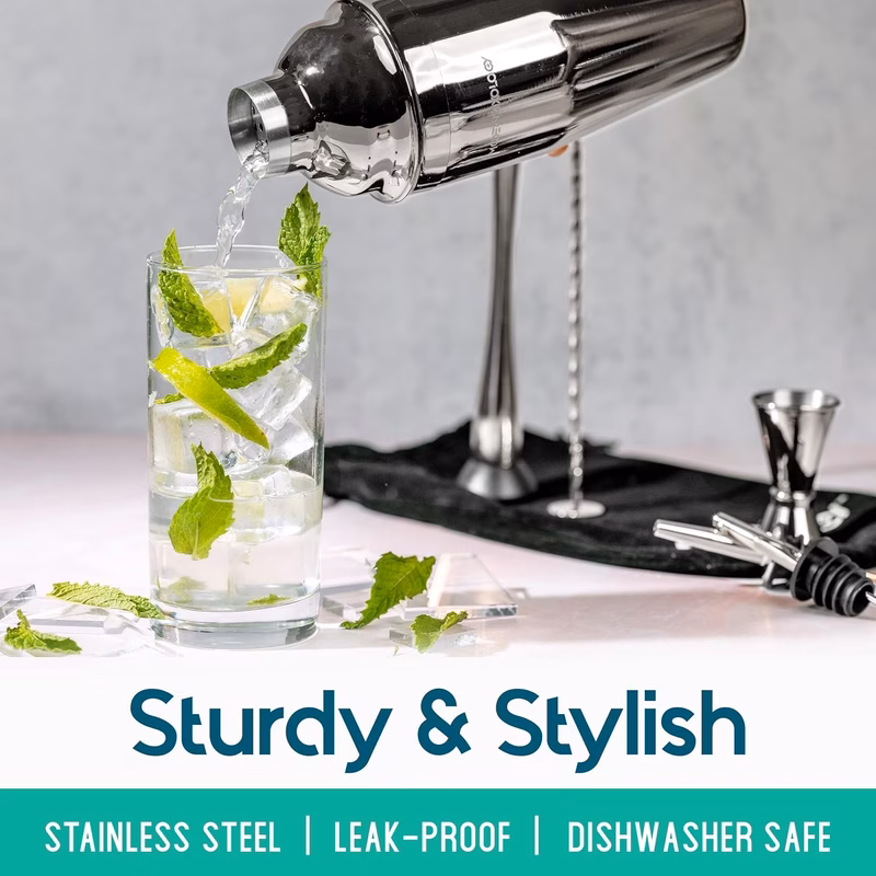 8pcs portable bartender kit with velvet bag 24oz cocktail shaker set with built in strainer 2 pourers muddler jigger mixing spoon silvery drink mixer for travel portable bar tools stylish cocktail too