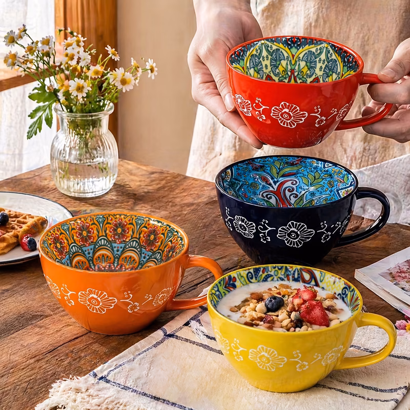 2 4pcs of bohemian style 15 ounce ceramic coffee cups large capacity heat resistant microwaveable reusable and dishwasher safe suitable for