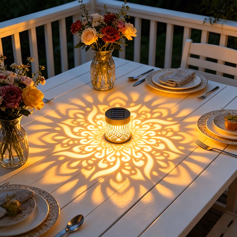 1pc warm light mandala projection solar lights for outdoor fence wall decorative led shadow pattern lamp ambiance for garden patio backyard stairs deck courtyard pathway porch railings and driveway