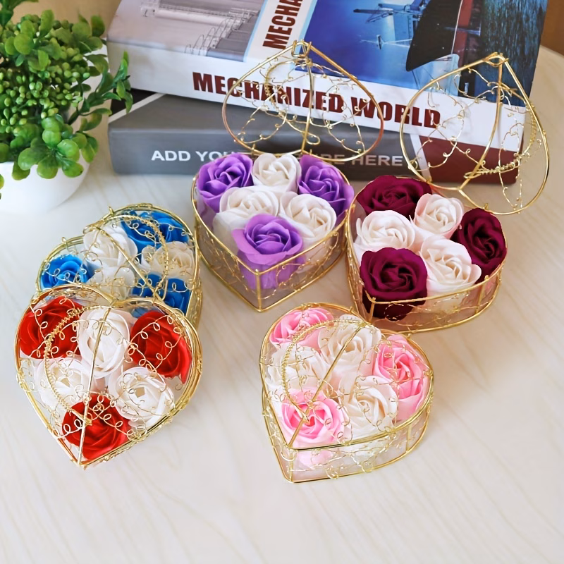 6pcs iron basket rose soap flower gift box activity creative small gift flower for wedding valentines scented soap rose flower petals soap gift with metal basket for birthday valentine red
