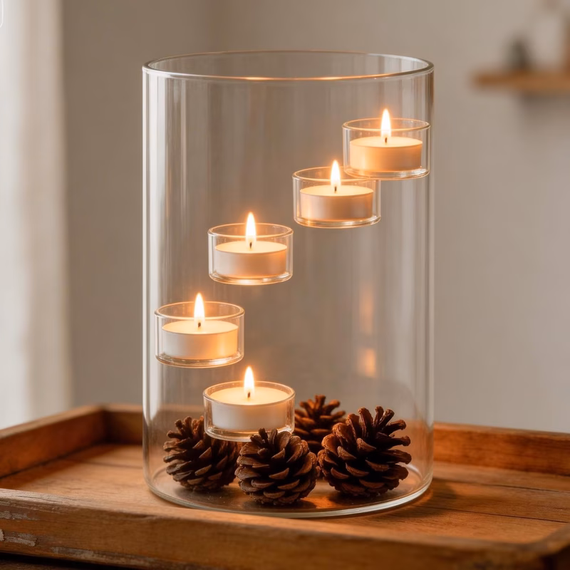 large glass candle holder 5 tier floating tealight candle holder clear cylinder hurricane candle lantern decorative table centerpiece for home decor wedding dining room living room holds 5 teal