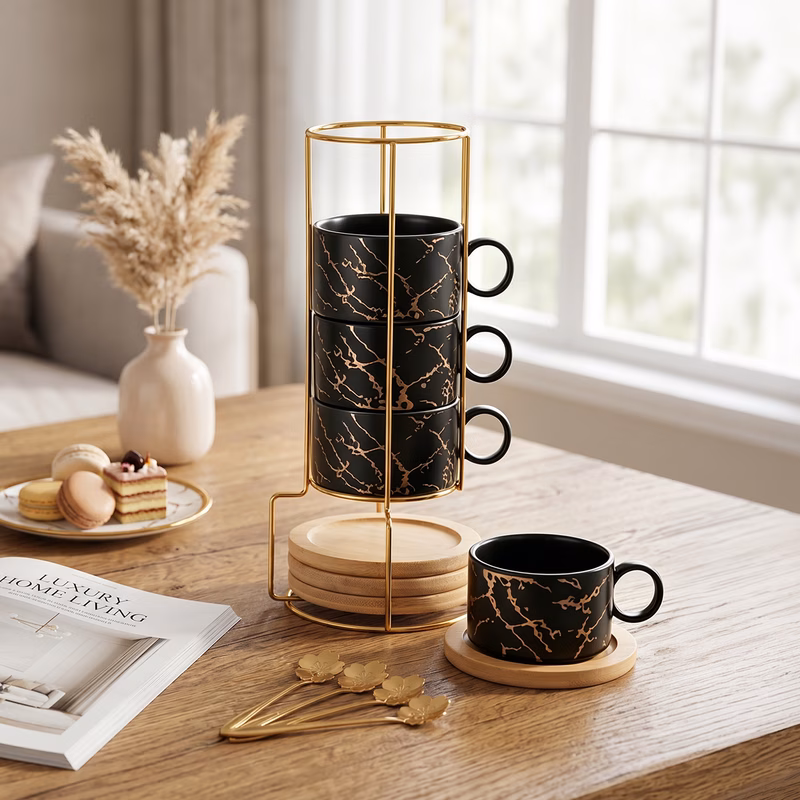 black ceramic coffee mug cup set including four 180ml cups saucers spoons metal storage rack stackable cups and saucers espresso cups holiday and birthday gift set