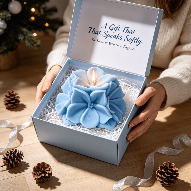 scented flower candle gift set with box and meditation card blue hydrangea shaped wax for home decor yoga spiritual space middle eastern serenity aesthetic unique mindfulness gift for her birthday hou
