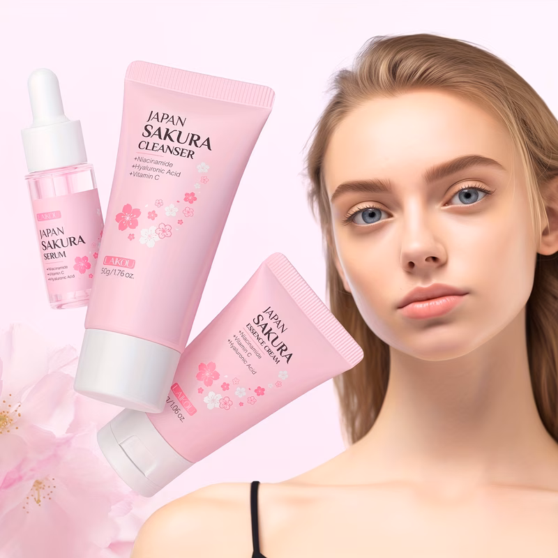 sakura cleanser skin care travel gift set 3pcs face wash 50 17ml moisturizer 30g with vitamin c niacinamide hyaluronic acid